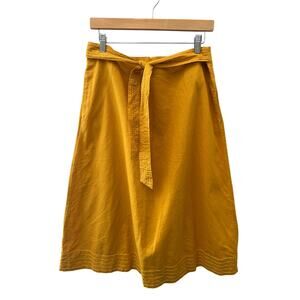 ALFANI Linen Blend Mustard Yellow Tie Waist A-Line Midi Skirt Petite NWT | 12P